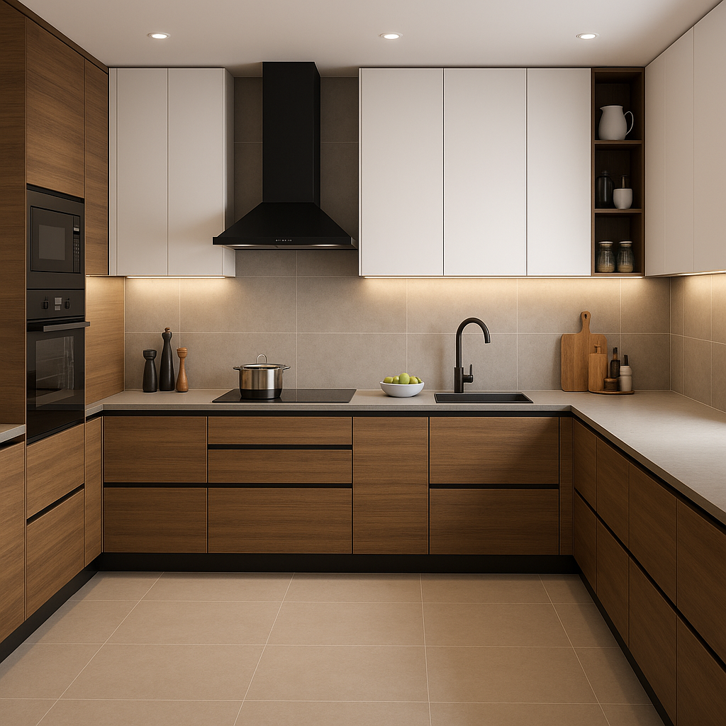 Contemporary L-shaped kitchen with dark cabinets and white countertops featuring pendant lights
