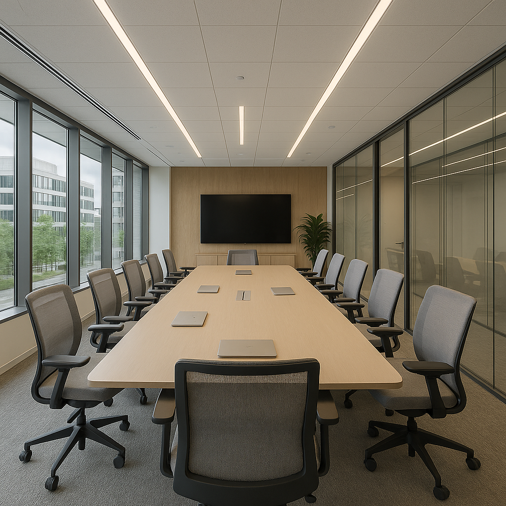 Modern living room with wooden panels, blue sofa, and ambient lighting featuring a chandelier