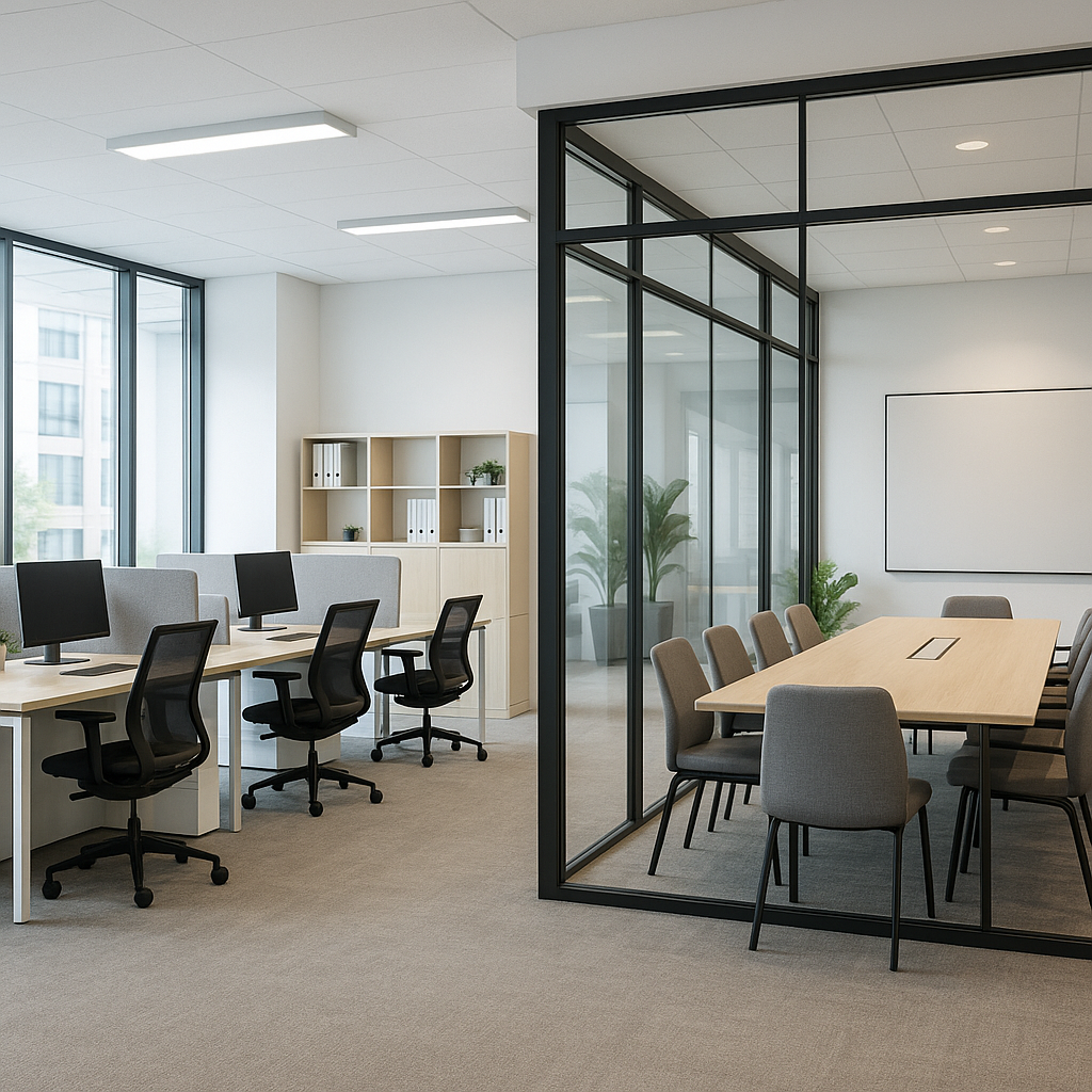Modern living room with wooden panels, blue sofa, and ambient lighting featuring a chandelier