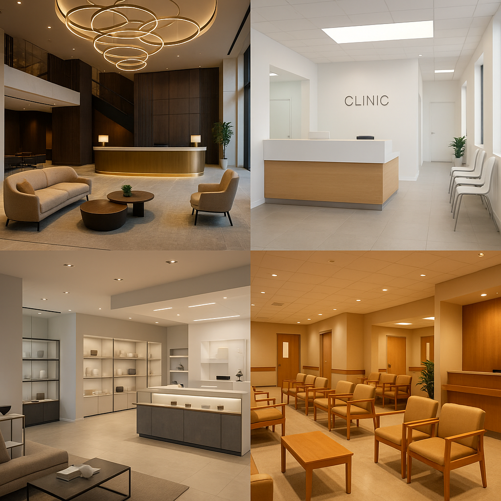 Modern living room with wooden panels, blue sofa, and ambient lighting featuring a chandelier