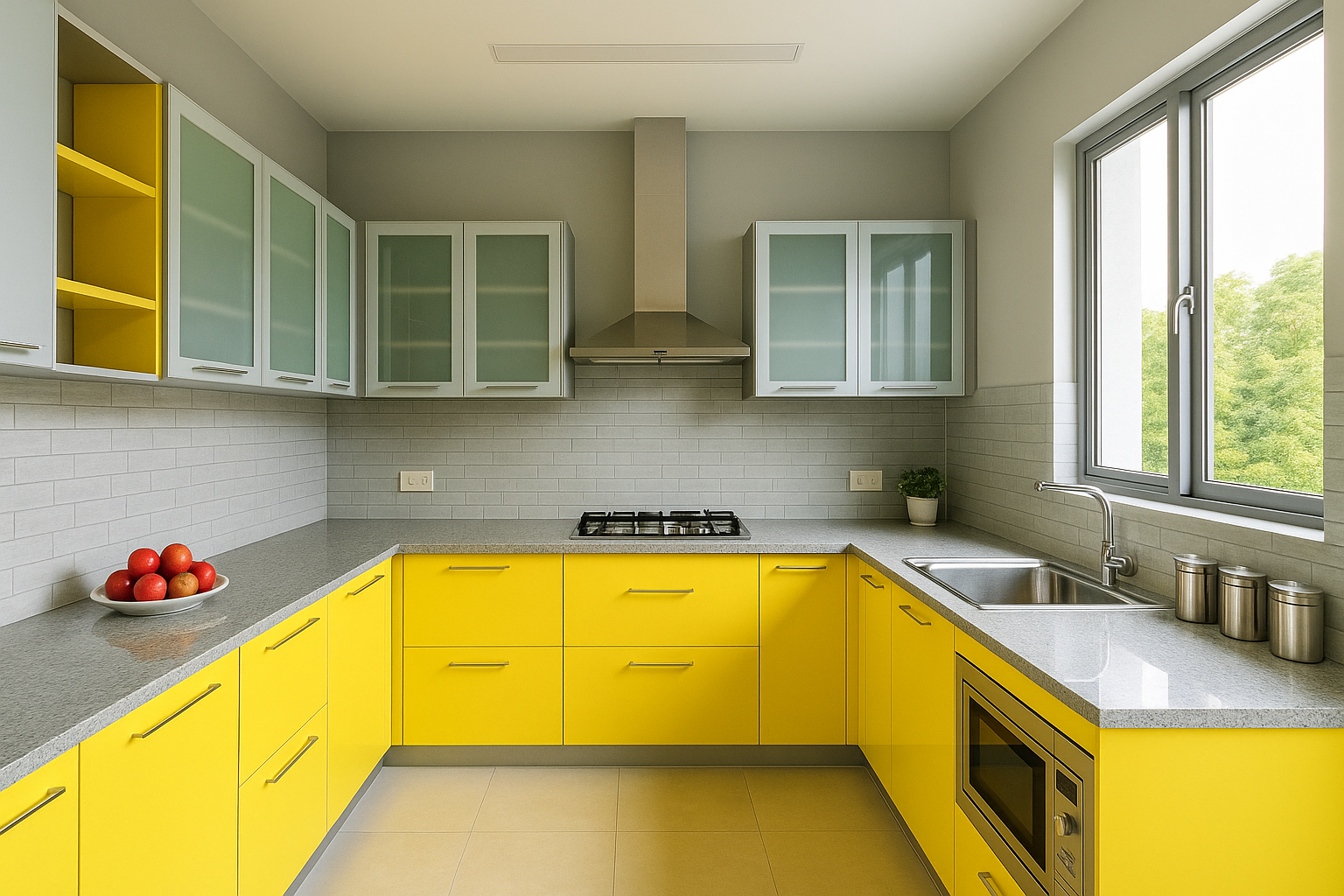 Contemporary L-shaped kitchen with dark cabinets and white countertops featuring pendant lights