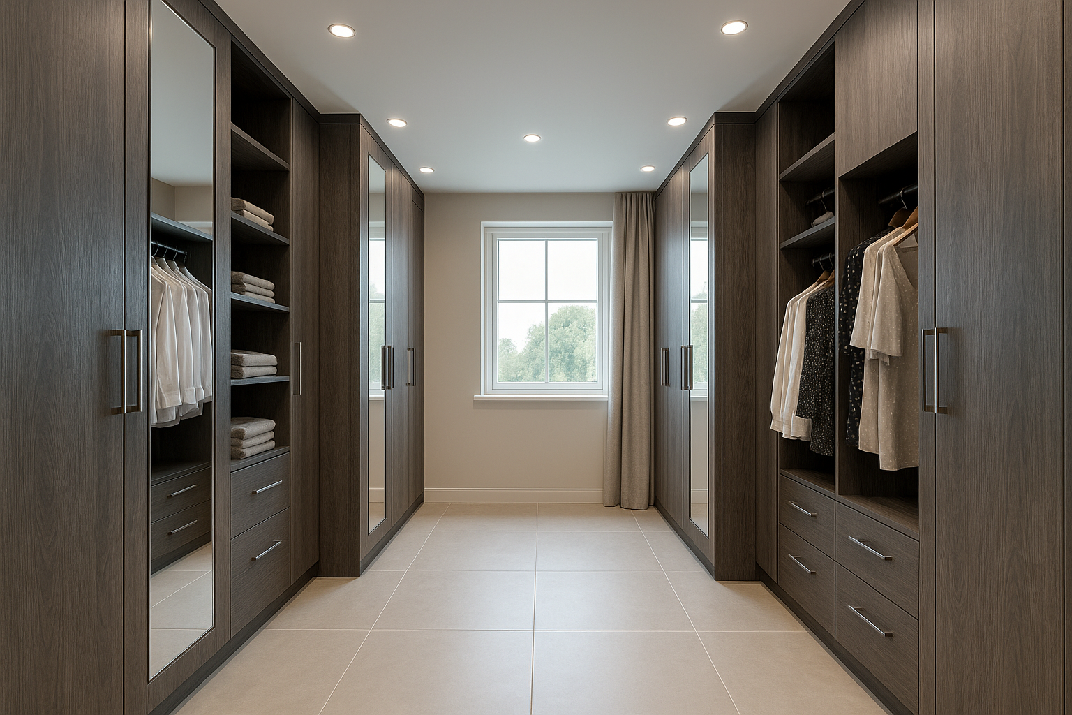 Spacious custom walk-in wardrobe with light wood finish, integrated LED lighting, hanging rails, drawers, and open shelving—showcasing premium storage solutions by an interior designe in Greater Noida.