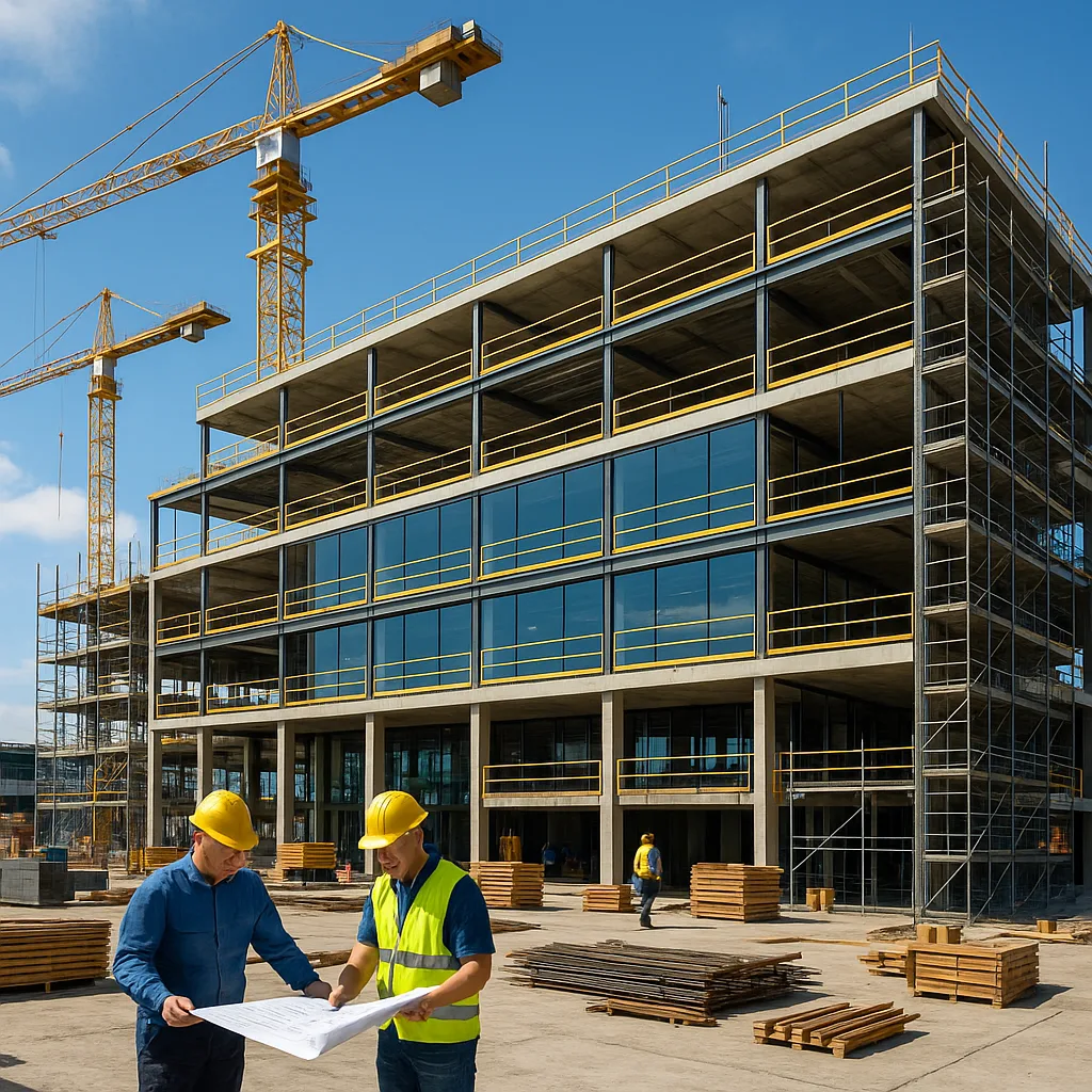 Workers reviewing plans at a steel-framed commercial construction site in Greater Noida