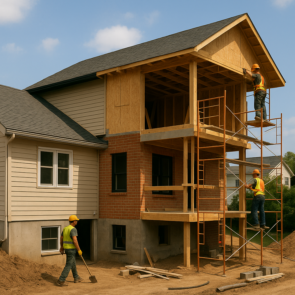 Renovation and two-story addition to a residential house in Greater Noida with scaffolding and workers