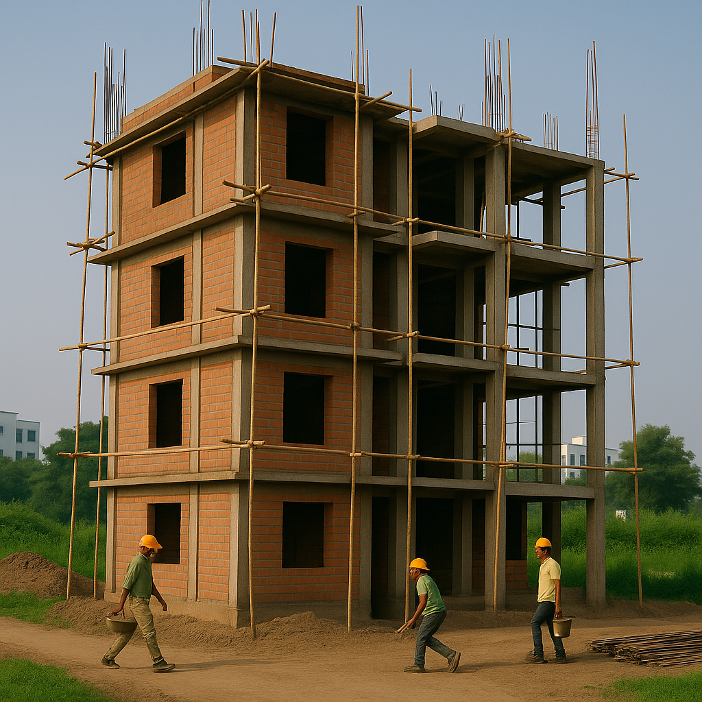 Four-story brick house under construction in Greater Noida with bamboo scaffolding and three workers carrying materials