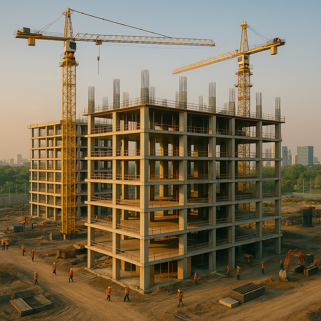 Multi-story concrete commercial building under construction with scaffolding, a tower crane, and construction workers in Greater Noida