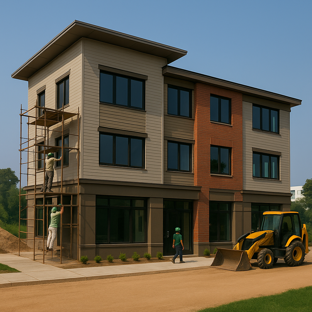 Three-story mixed-use building under turnkey construction in Greater Noida with scaffolding and a backhoe loader