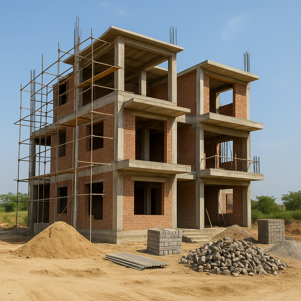 : A multi-story residential building under construction in Greater Noida, featuring exposed brickwork, concrete columns, and scaffolding, with construction materials like sand and stone piled in the foreground.