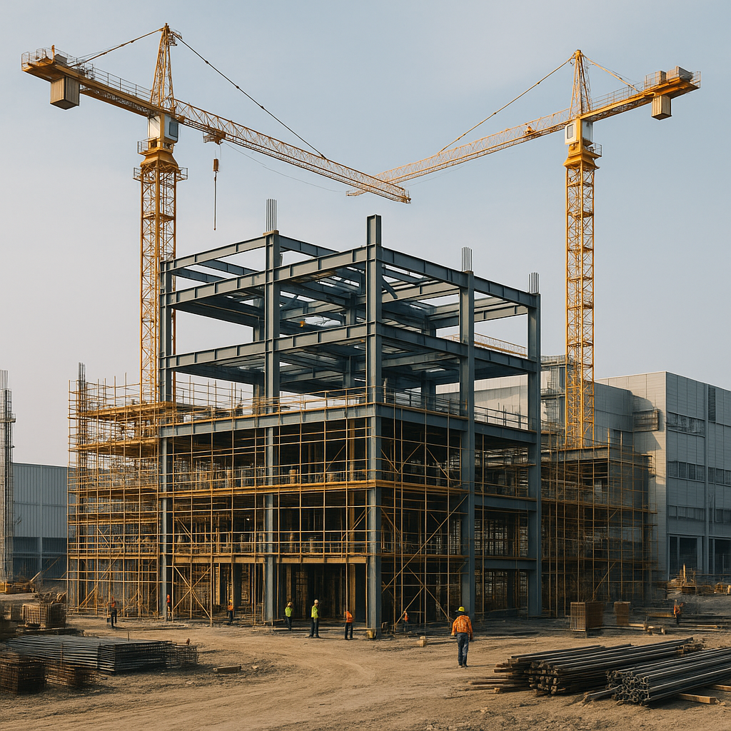“Workers at an industrial construction site in Greater Noida assembling a steel framework beneath two towering cranes, surrounded by scaffolding and construction materials against a clear sky.”