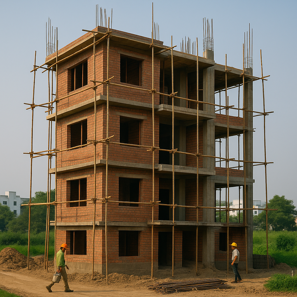Four-story brick house under construction in Greater Noida, wrapped in bamboo scaffolding with two workers and building materials on site