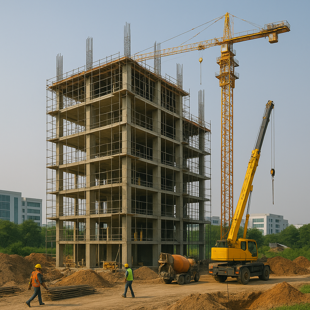 Multi-story concrete commercial building under construction with cranes and workers in Greater Noida