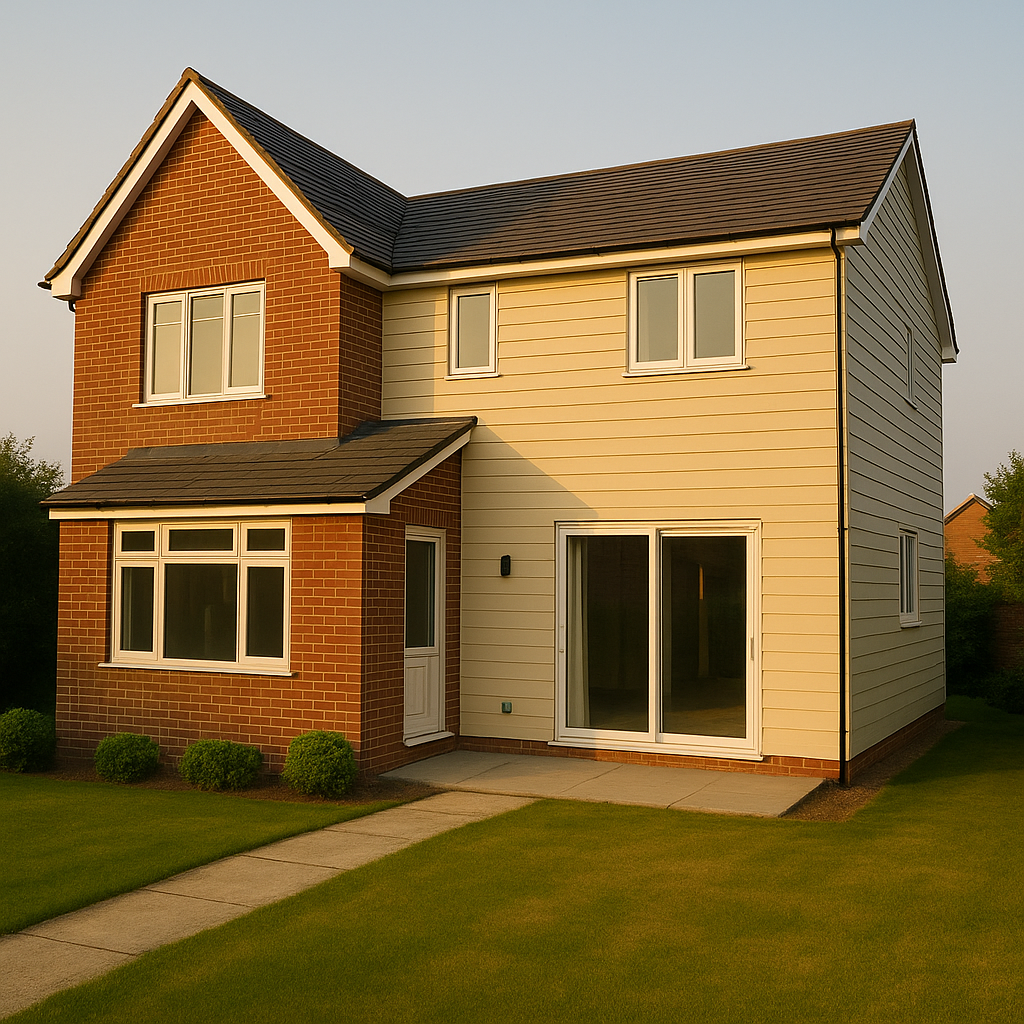 A completed two-story turnkey house in Greater Noida delivered by a construction campany in Greater Noida, featuring red brick and beige siding, dark gray roof, white-trimmed windows, sliding door, and a manicured lawn under golden-hour light.