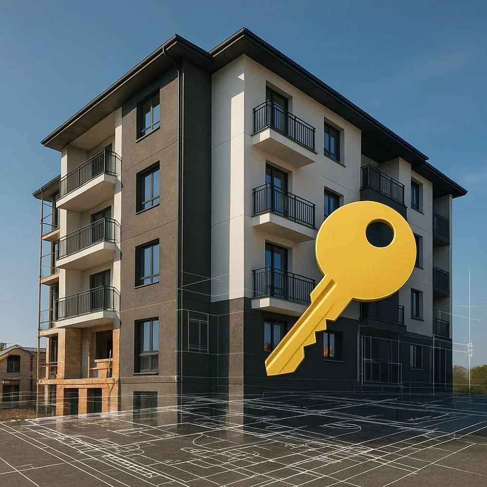 Sleek modern multi-story residential building with a blueprint overlay and a golden key symbol, representing a turnkey project by a construction company in Greater Noida