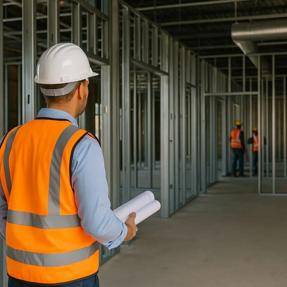 Construction site supervisor with blueprints reviewing steel framing work in Noida project