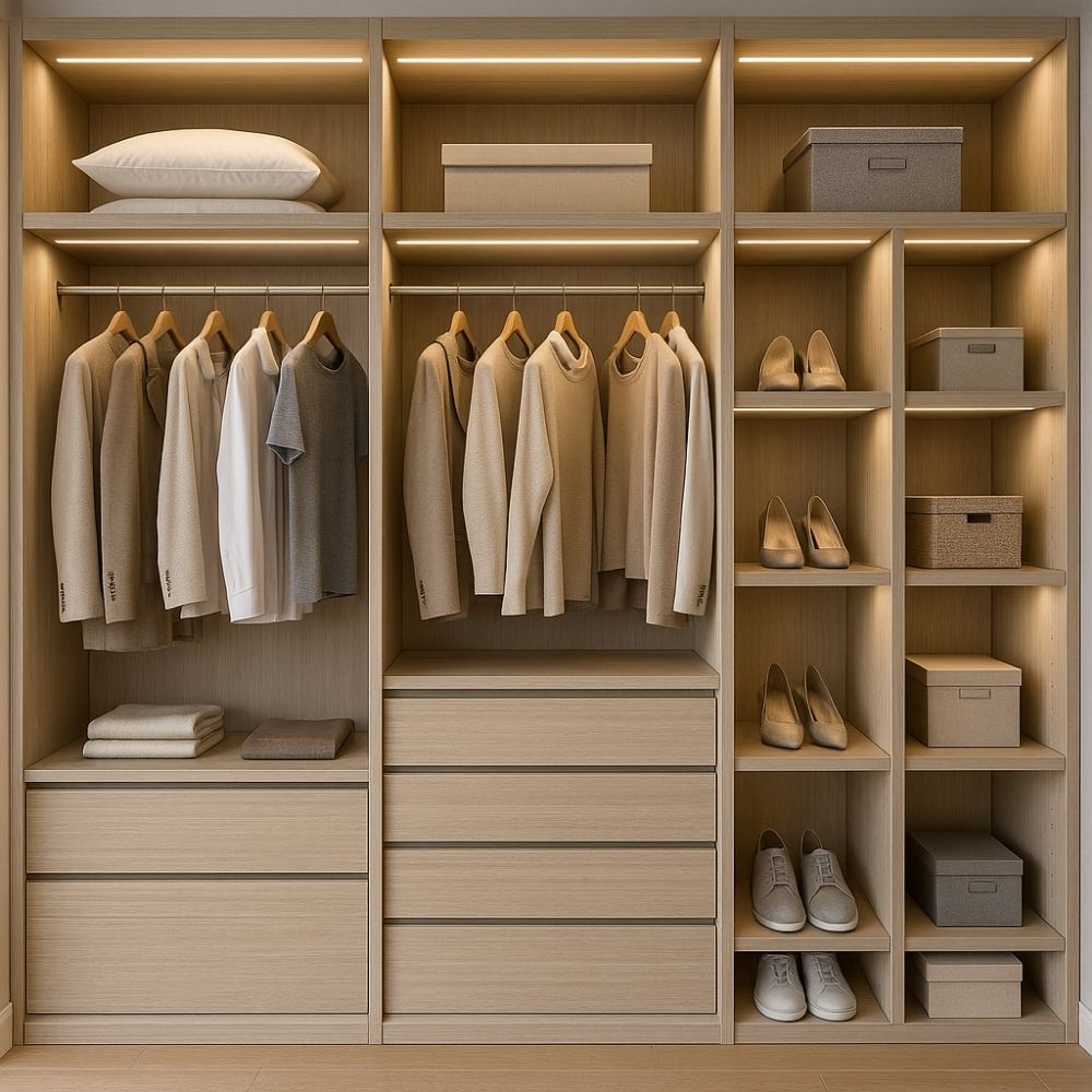 Minimalist living room with leather sofa, abstract art, and wooden wall panels