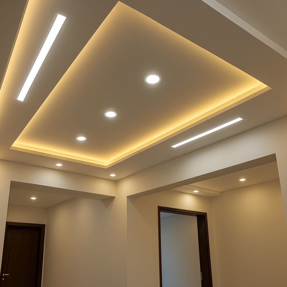 Minimalist living room with leather sofa, abstract art, and wooden wall panels