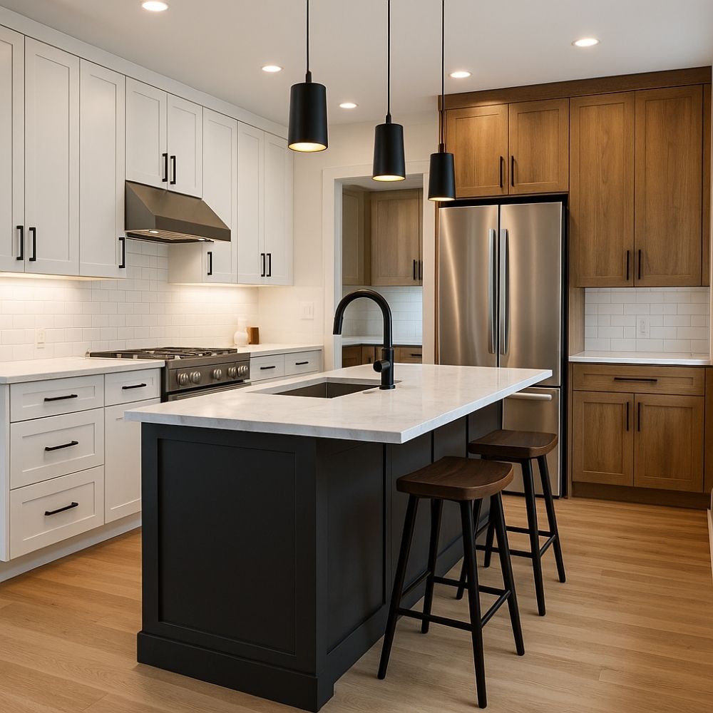 Contemporary L-shaped kitchen with dark cabinets and white countertops featuring pendant lights
