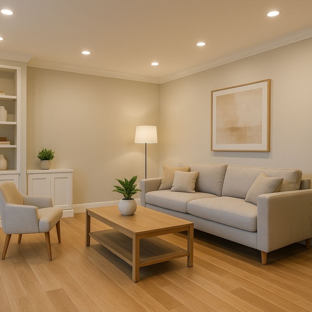 Minimalist living room with leather sofa, abstract art, and wooden wall panels