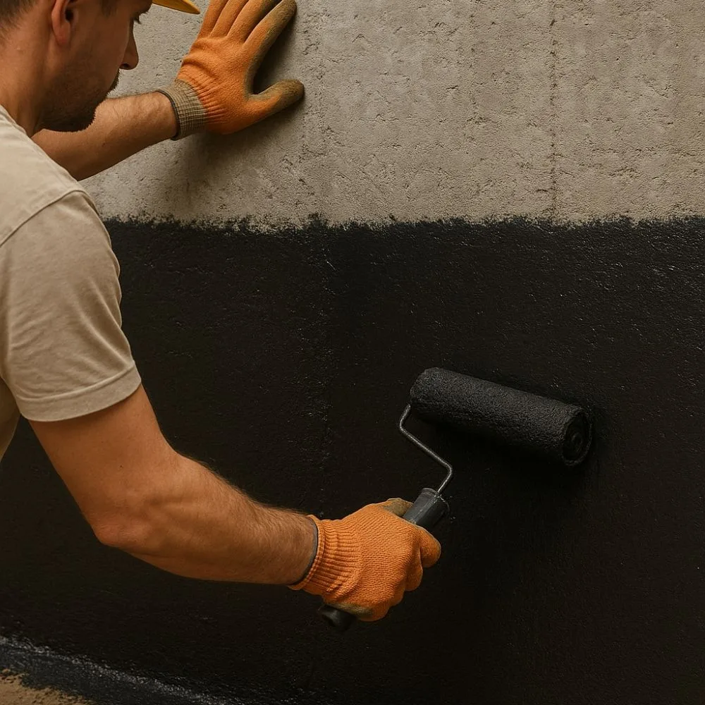 Worker in a hard hat and gloves rolling a black waterproof membrane onto a concrete wall—waterproofing service by Aarna Renovation in Greater Noida.