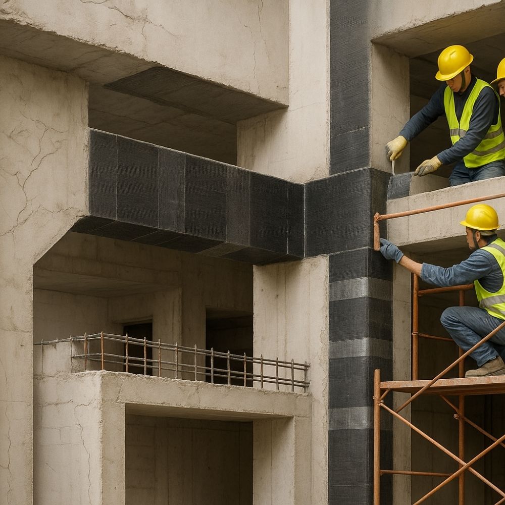 Construction workers on scaffolding applying black carbon-fiber reinforcement wraps to a concrete column and beam—structural strengthening by Aarna Renovation in Greater Noidia.