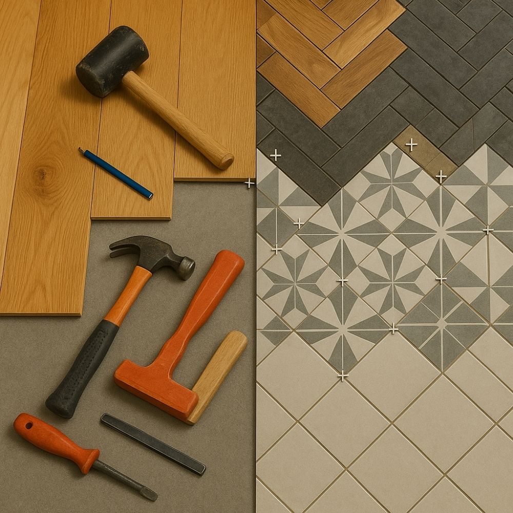 “Split view of flooring installation: left side shows hardwood planks, rubber mallet, hammer, trowel and pencil; right side displays patterned and plain ceramic tiles with spacers—Flooring & Tiling Solutions by Aarna Renovation in Greater Noida.”