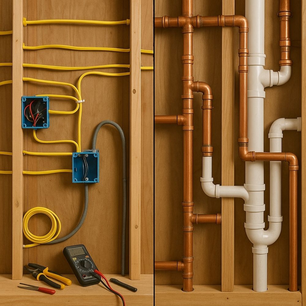 “Exposed wall studs showing yellow electrical cables in blue junction boxes alongside copper and white PVC plumbing pipes—overhaul by Aarna Renovation in Greater Noidia.”
