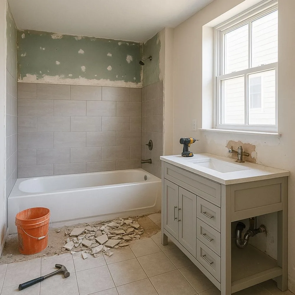 A mid-renovation bathroom by Aarna Renovation in Greater Noidia featuring a partially tiled shower wall, new vanity with exposed plumbing, and construction tools scattered on the floor.