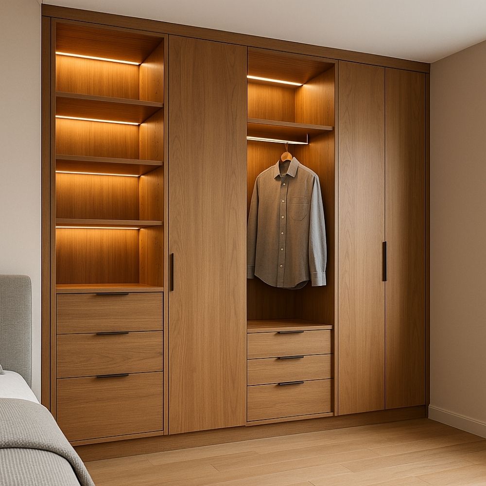 Minimalist living room with leather sofa, abstract art, and wooden wall panels