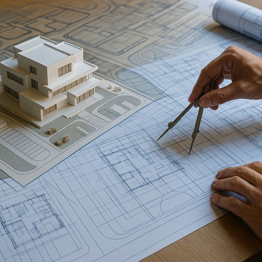 Modern living room with wooden panels, blue sofa, and ambient lighting featuring a chandelier