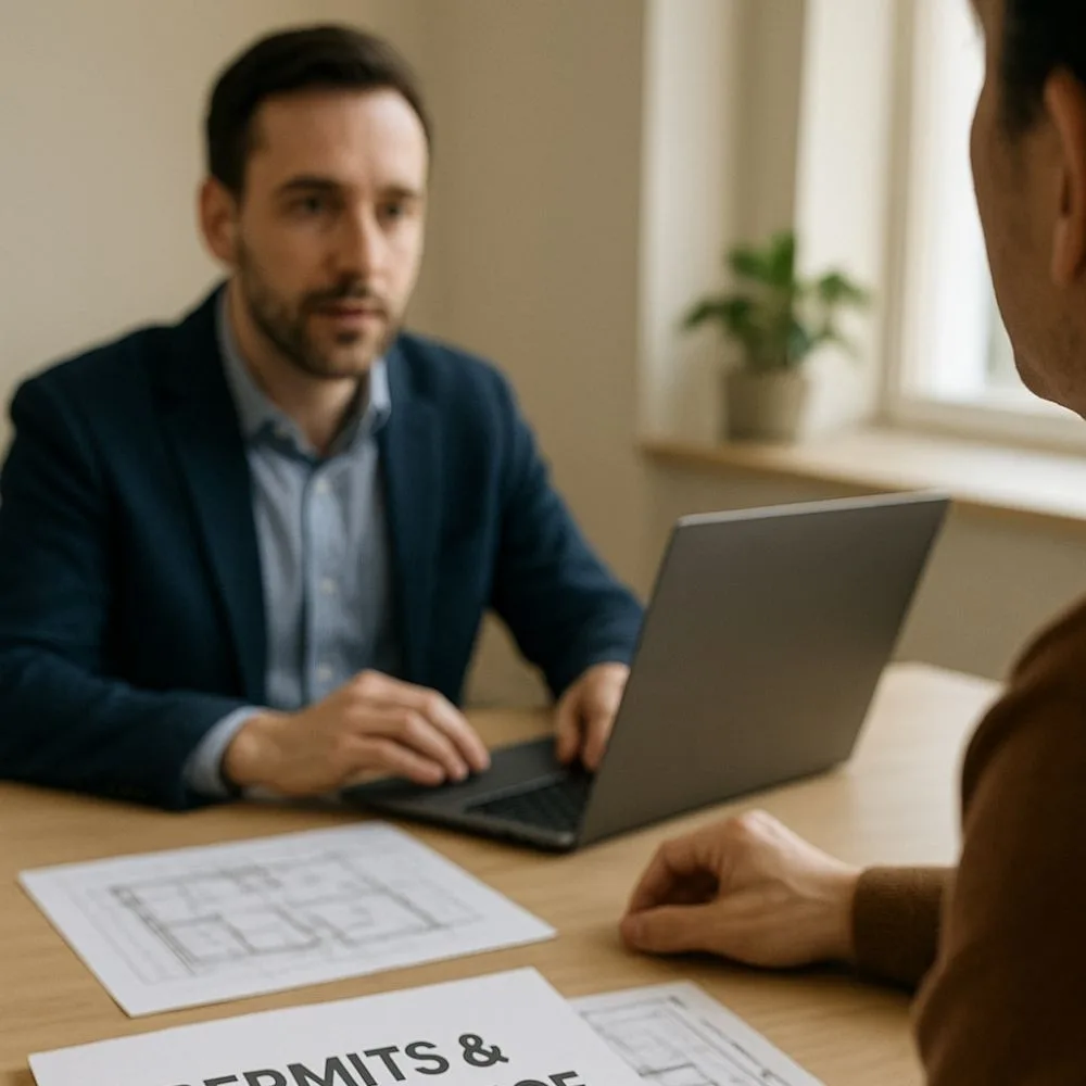 A consultant from Aarna Renovation in Noida reviews an approved permit document labeled “Permits & Compliance Consulting” with a client over an architectural blueprint.