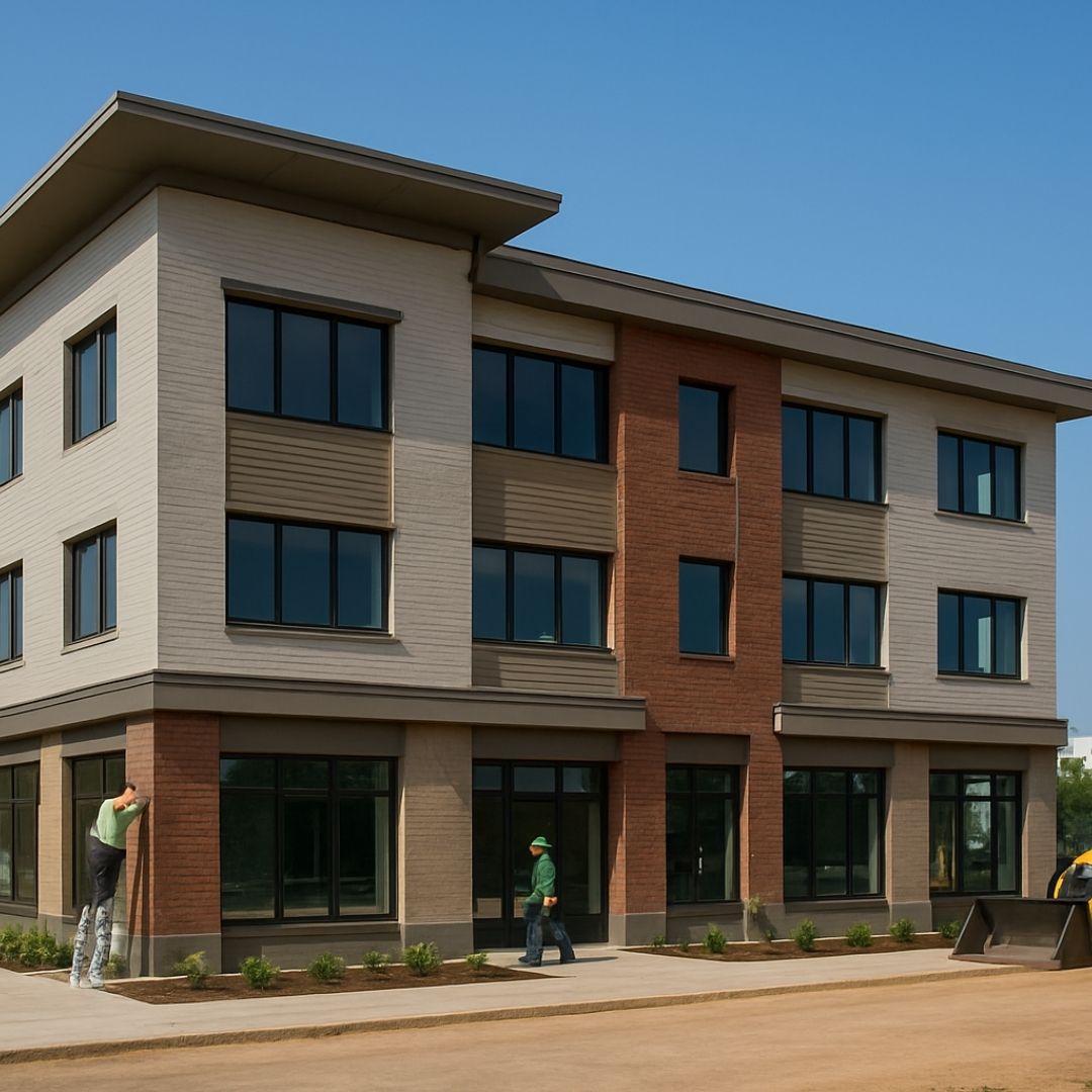 Four-story mixed-use building in Greater Noida under turnkey construction, with workers and a backhoe loader