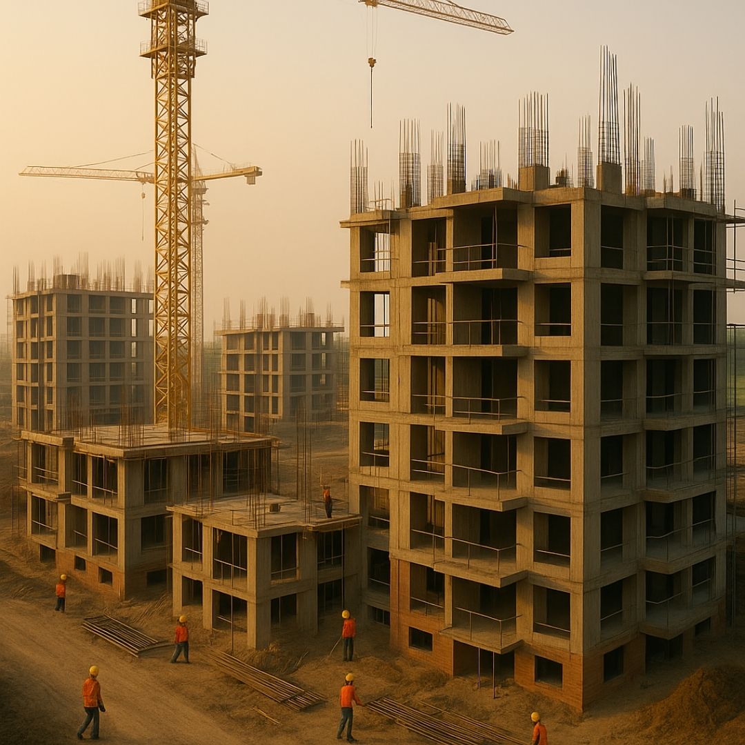 “A sprawling residential construction site in Greater Noidagreater Noida by a construction campany in greater noidagreater noida, showing half-completed multi-storey concrete buildings, tower cranes, scaffolding, and workers in safety gear under golden-hour light.”