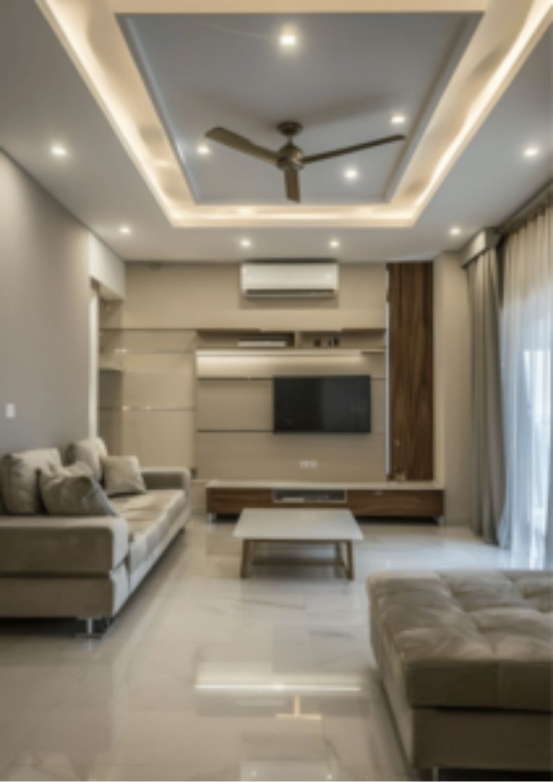 Minimalist living room with leather sofa, abstract art, and wooden wall panels