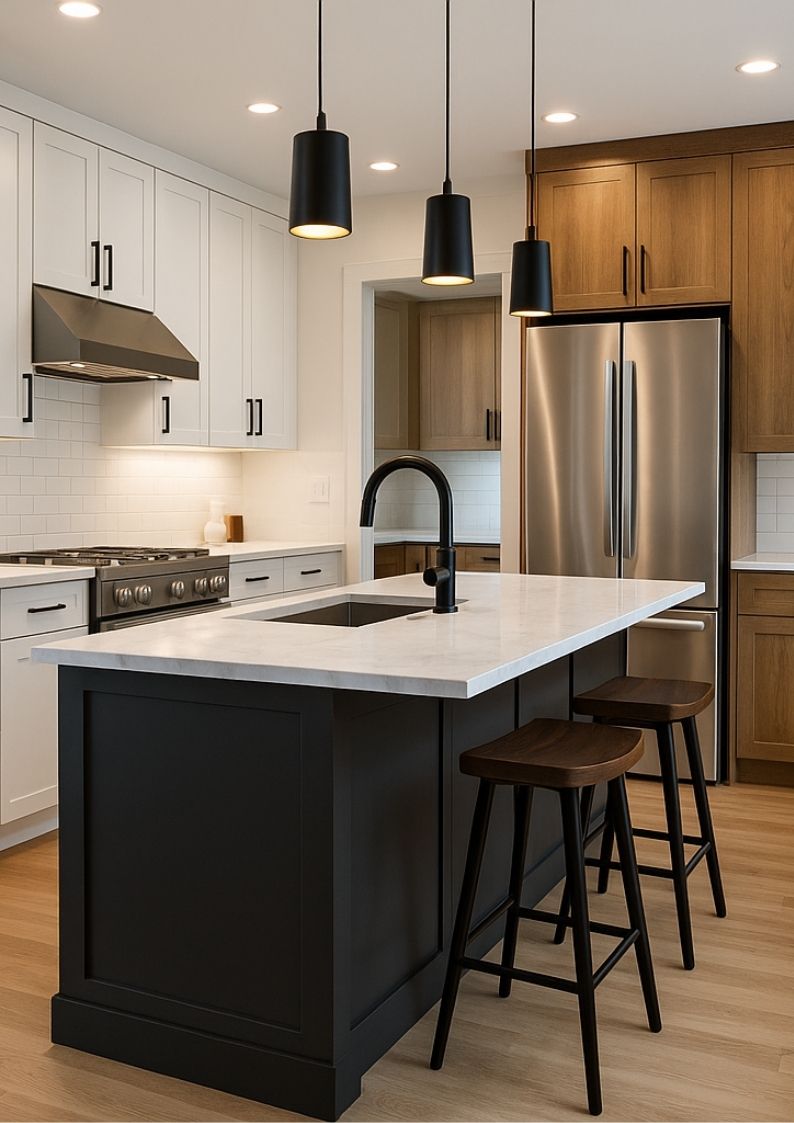 Contemporary L-shaped kitchen with dark cabinets and white countertops featuring pendant lights