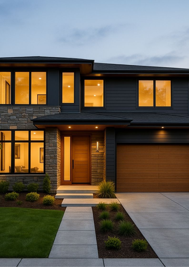 Modern two-story house with glass walls and landscape lighting at dusk