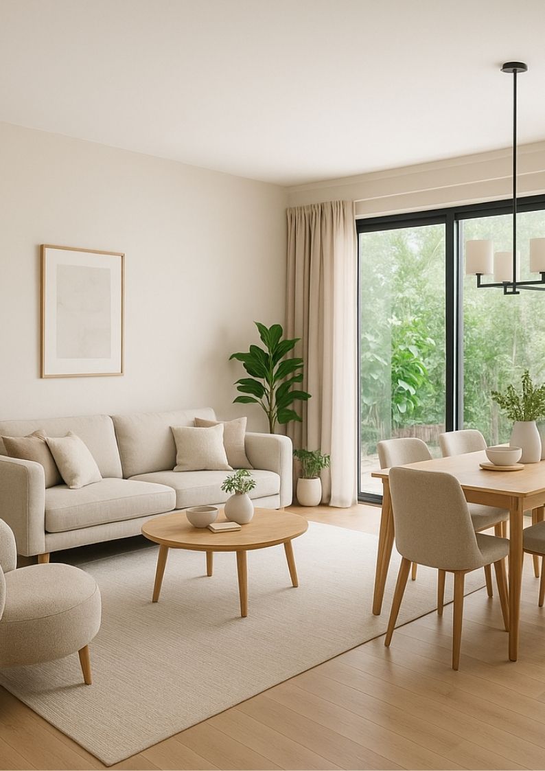 Modern living room with wooden panels, blue sofa, and ambient lighting featuring a chandelier