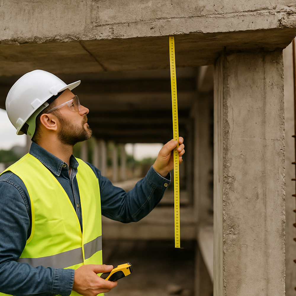 home inspector measuring concrete beam for structural assessment during home inspection in Greater Noida