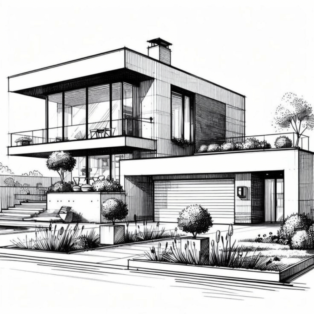 Modern two-story house with glass walls and landscape lighting at dusk