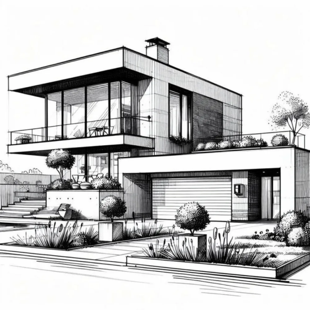 Modern two-story house with glass walls and landscape lighting at dusk