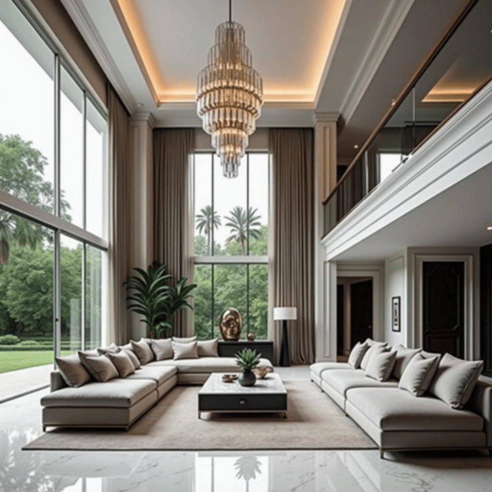 Modern living room with wooden panels, blue sofa, and ambient lighting featuring a chandelier