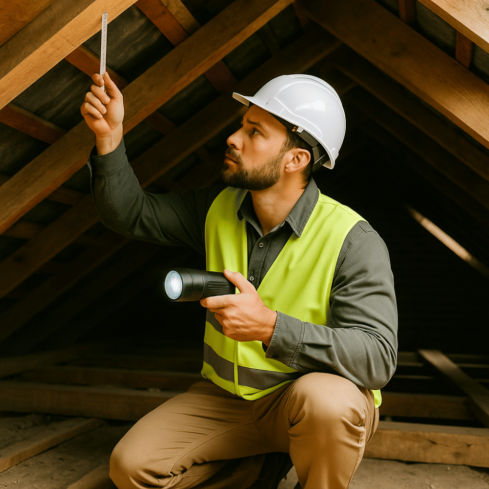 home inspector performing roof and attic inspection in Greater Noida attic space