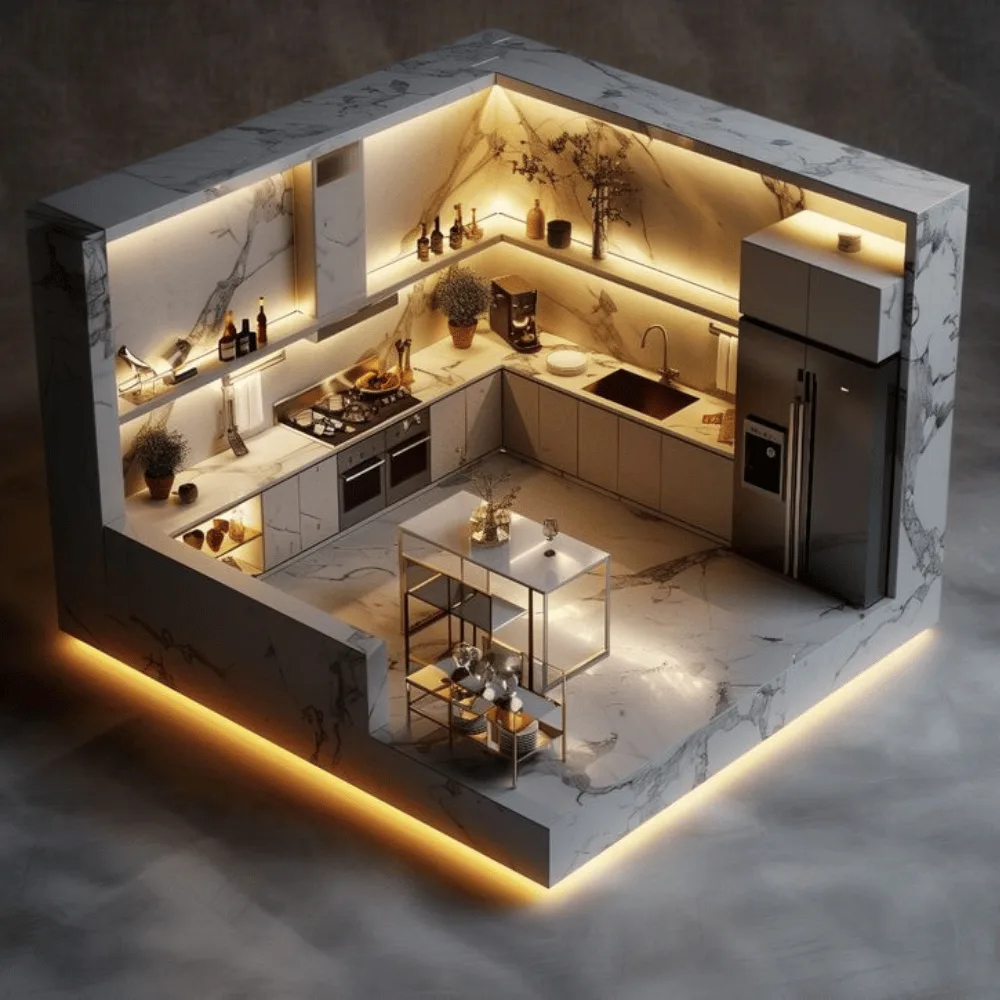 Luxury marble modular kitchen with LED cove lighting and island in Greater Noida