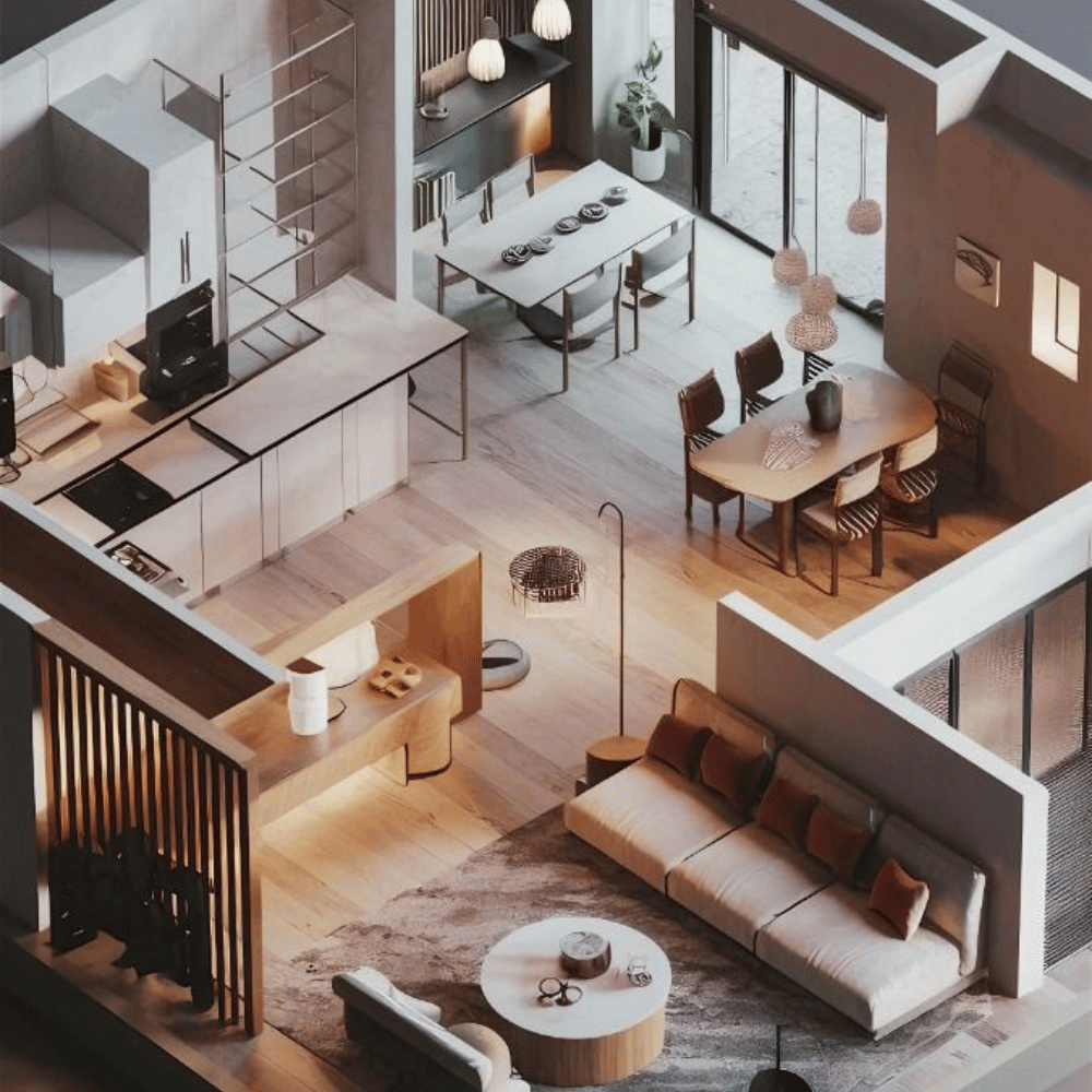 Minimalist living room with leather sofa, abstract art, and wooden wall panels