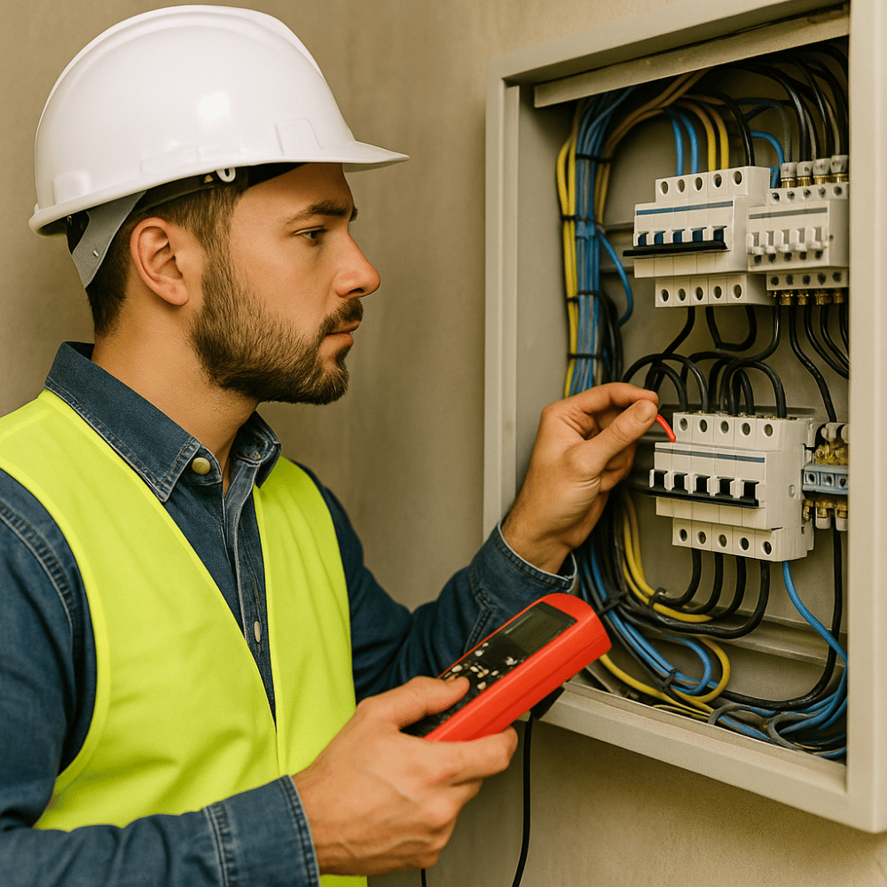home inspector checking electrical panel with multimeter during home inspection in Greater Noida