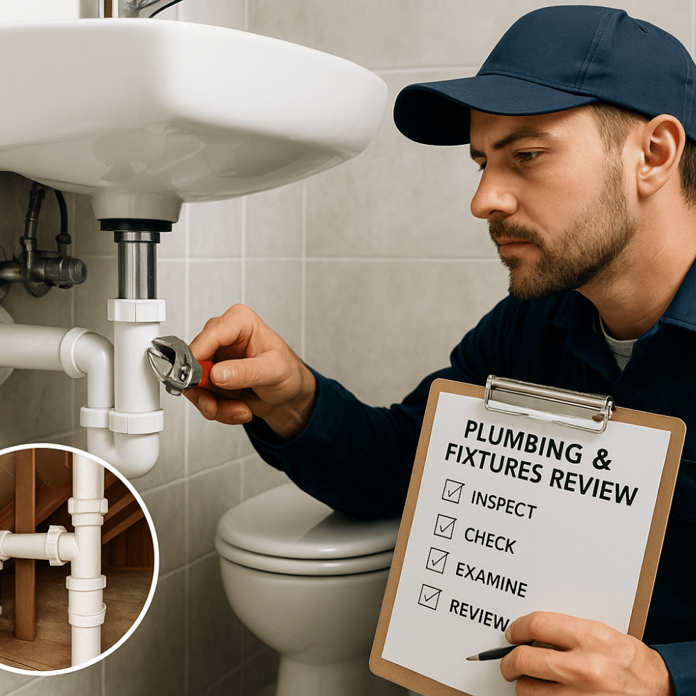 Professional plumber in Greater Noida performing plumbing and fixtures review under a bathroom sink with a wrench and checklist, showing inset of behind-the-wall piping"