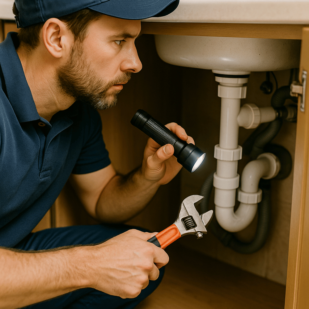 home inspector reviewing plumbing and fixtures under kitchen sink during home inspection in Greater Noida"