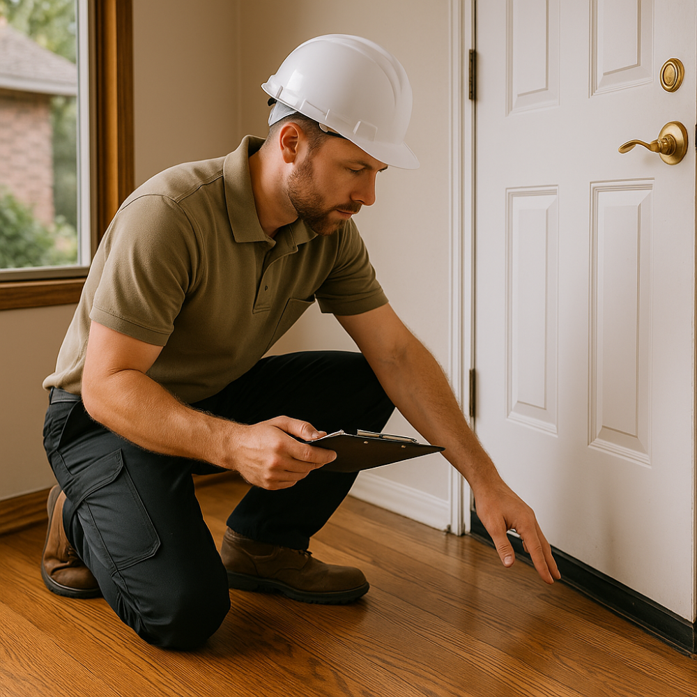 Certified home inspector examines the threshold between interior hardwood flooring and exterior door sill for potential water intrusion during a detailed home inspection in Greater Noida.