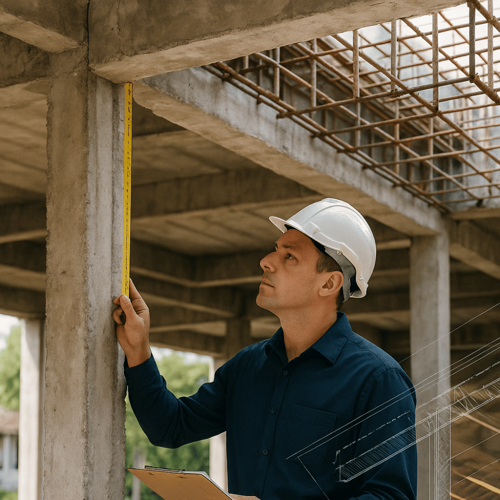 Structural engineer conducting a professional structural assessment in Greater Noida, measuring a concrete column at a construction site with a clipboard and blueprint overlay