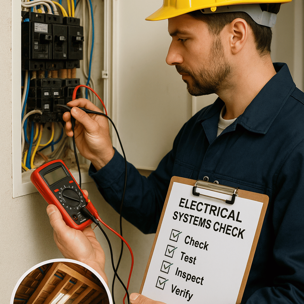 Electrician performing electrical systems check in Greater Noida, using a multimeter on an open panel with a checklist clipboard and attic lighting inset