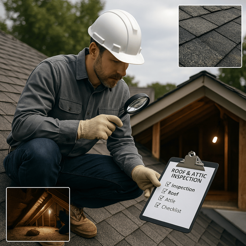 Inspector performing roof inspection in Greater Noida, examining shingles with a magnifying glass and holding a roof & attic inspection checklist